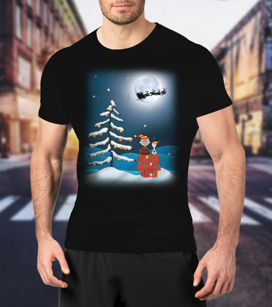 Noel Night Snoopy Peanuts Movie Christmas Scene Santa Sleigh Winter Tree With Lights T-Shirt