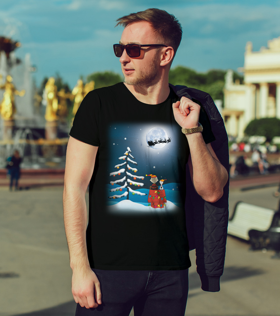 Noel Night Snoopy Peanuts Movie Christmas Scene Santa Sleigh Winter Tree With Lights T-Shirt