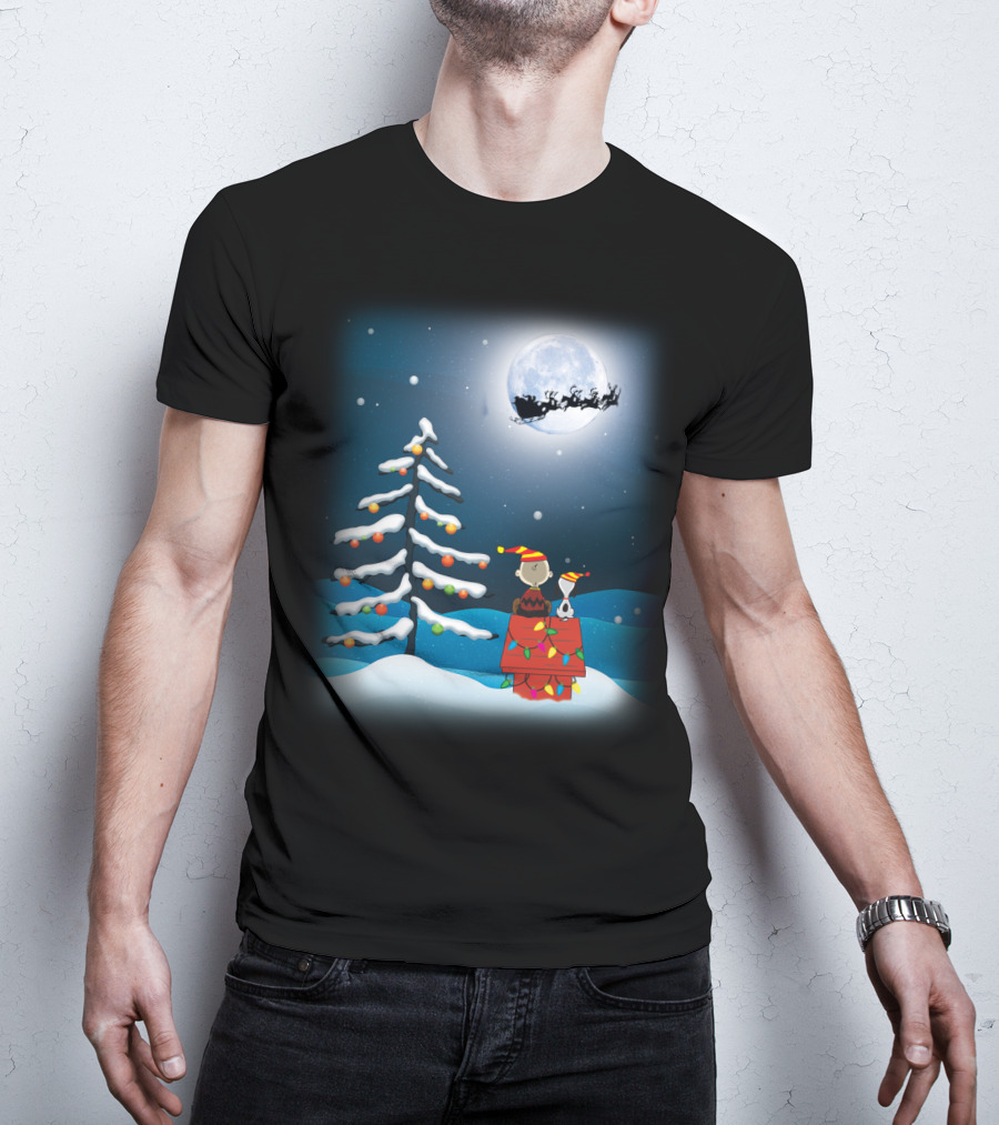 Noel Night Snoopy Peanuts Movie Christmas Scene Santa Sleigh Winter Tree With Lights T-Shirt