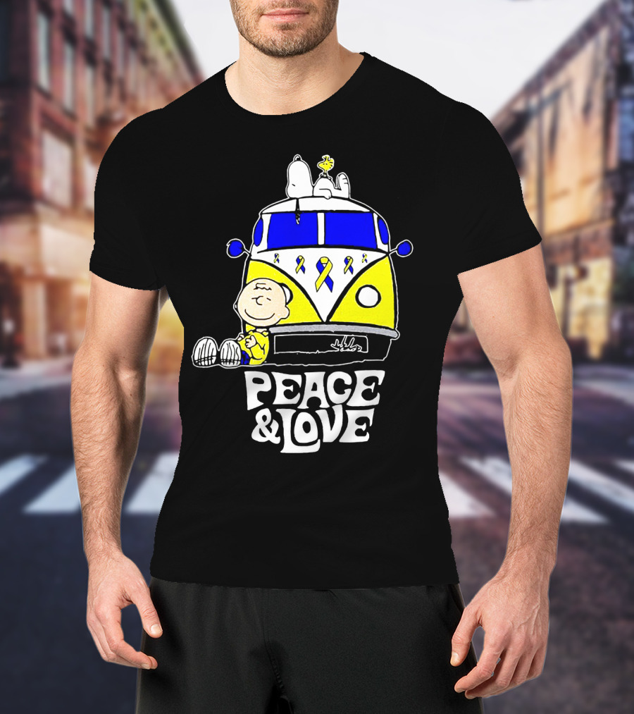 Peace And Love Snoopy Woodstock Yellow Ribbon Van Peanuts Cancer Warrior T-Shirt