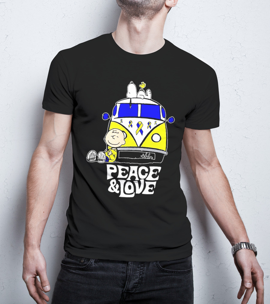 Peace And Love Snoopy Woodstock Yellow Ribbon Van Peanuts Cancer Warrior T-Shirt
