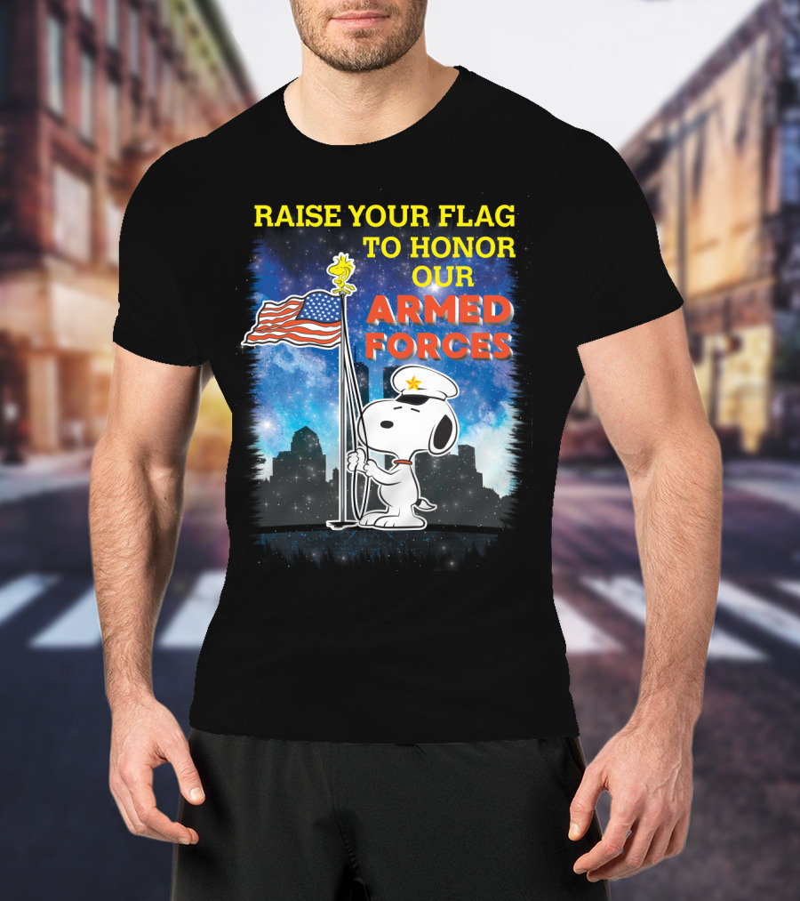 Raise Your Flag To Honor Our Armed Forces With Snoopy From The Peanuts Movie T-Shirt