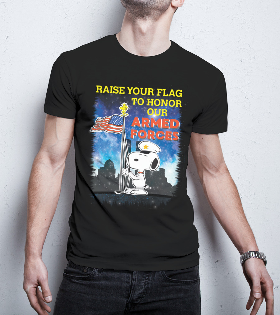 Raise Your Flag To Honor Our Armed Forces With Snoopy From The Peanuts Movie T-Shirt