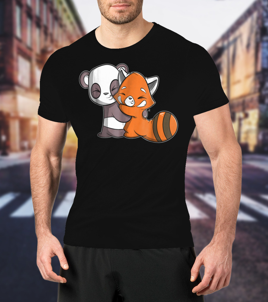 Cute Kawaii Panda Embrace Red Panda Hugging Adorable Friends T-Shirt