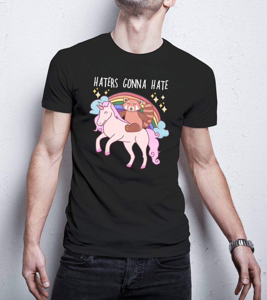Haters Gonna Hate Red Panda Riding Unicorn With Rainbow And Stars T-Shirt
