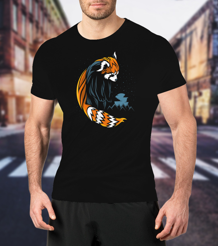 Red Panda Tattoo Style With Mountains And Night Sky T-Shirt