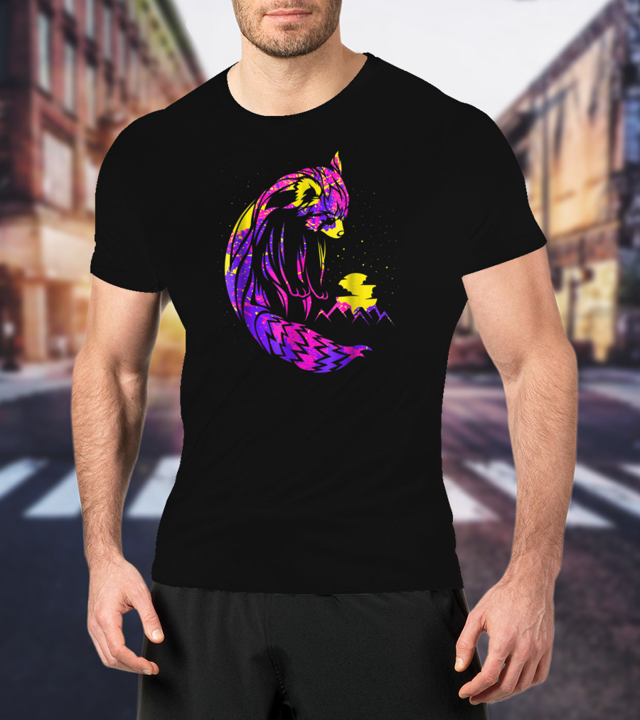 Red Panda Tribal Neon Night Mountains T-Shirt