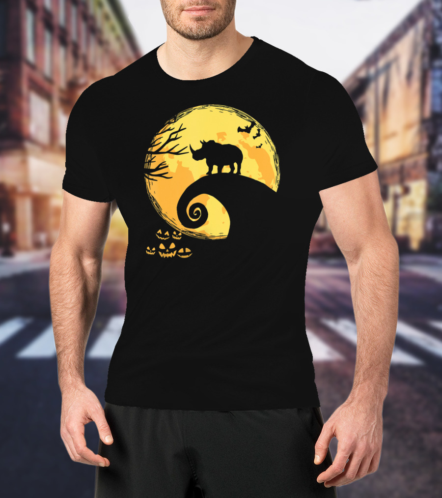 Funny Rhino And Moon Halloween Parody With Jack-O'-Lanterns And Bat T-Shirt