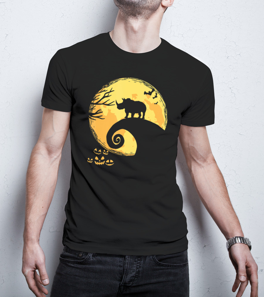 Funny Rhino And Moon Halloween Parody With Jack-O'-Lanterns And Bat T-Shirt