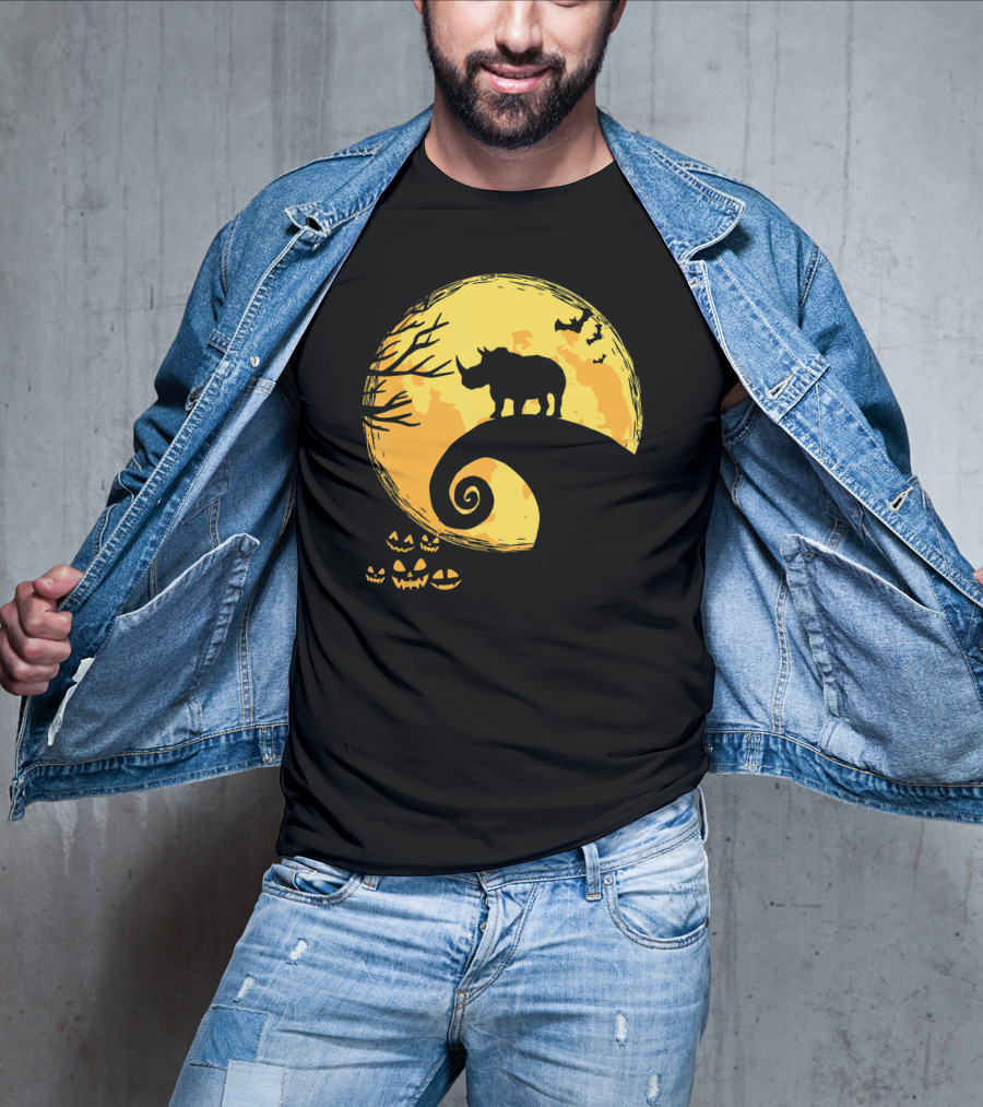 Funny Rhino And Moon Halloween Parody With Jack-O'-Lanterns And Bat T-Shirt