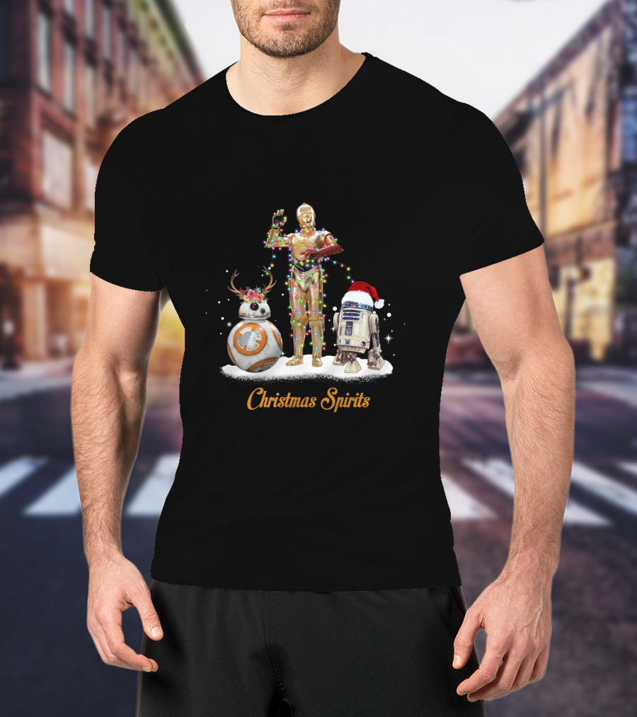 Christmas Spirits Droids Star Wars BB-8 C-3PO R2-D2 Holiday Lights Santa Hat T-Shirt