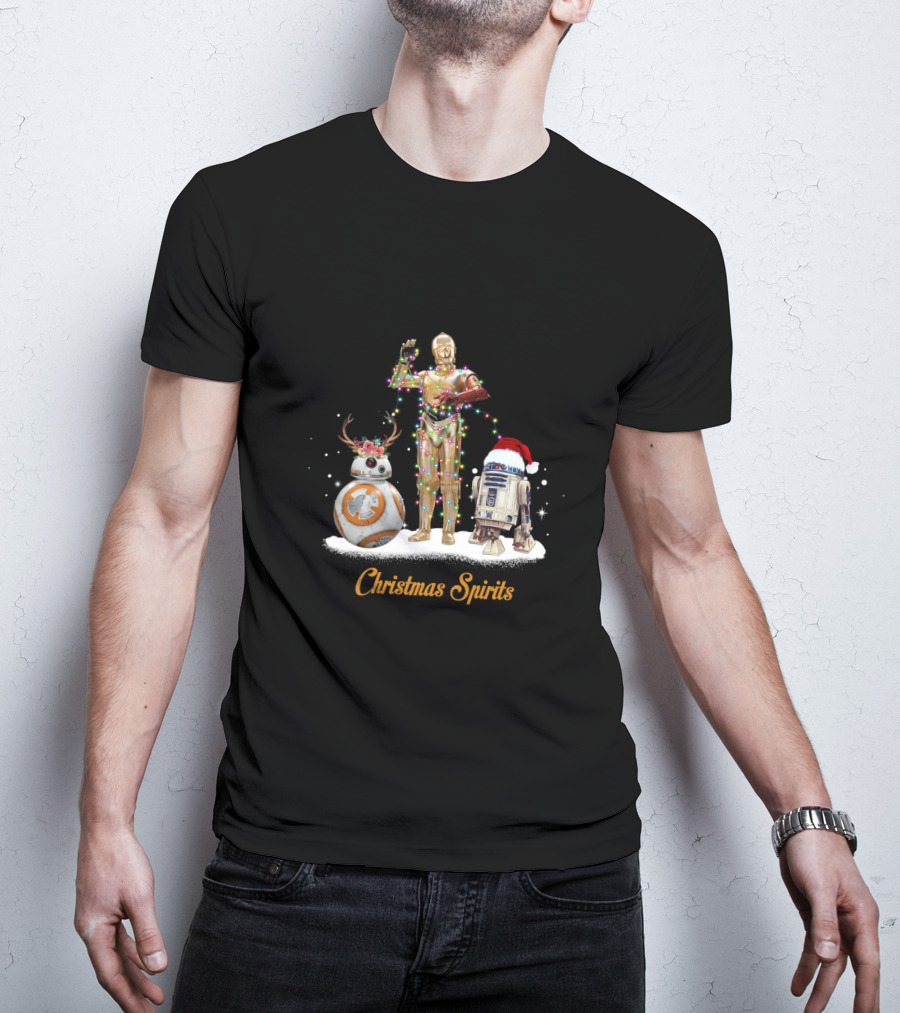 Christmas Spirits Droids Star Wars BB-8 C-3PO R2-D2 Holiday Lights Santa Hat T-Shirt