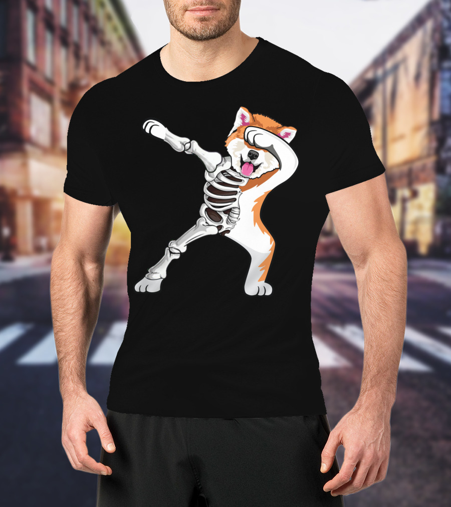 Akita Dog Skeleton Dabbing Halloween T-Shirt