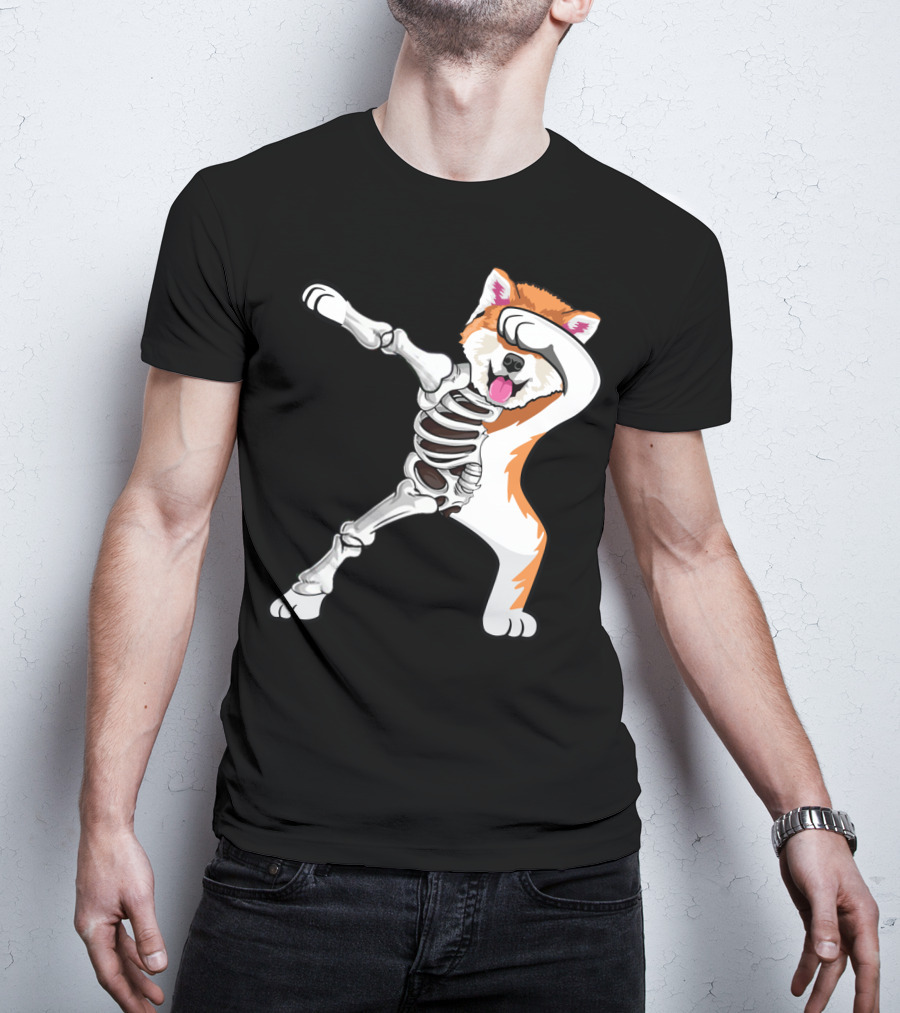 Akita Dog Skeleton Dabbing Halloween T-Shirt