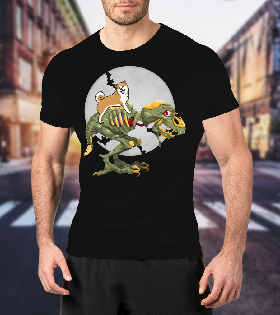 Akita Riding Dinosaur Skeleton Under Full Moon With Bats T-Shirt