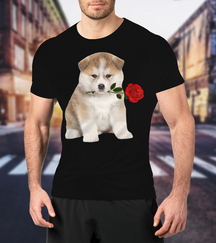 Akita Puppy Holding Red Rose T-Shirt