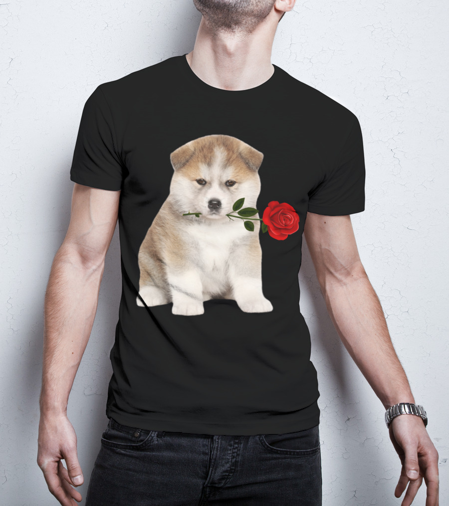 Akita Puppy Holding Red Rose T-Shirt