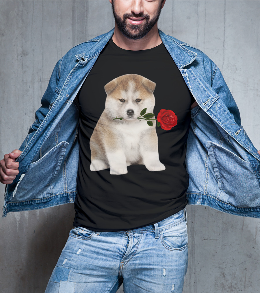 Akita Puppy Holding Red Rose T-Shirt