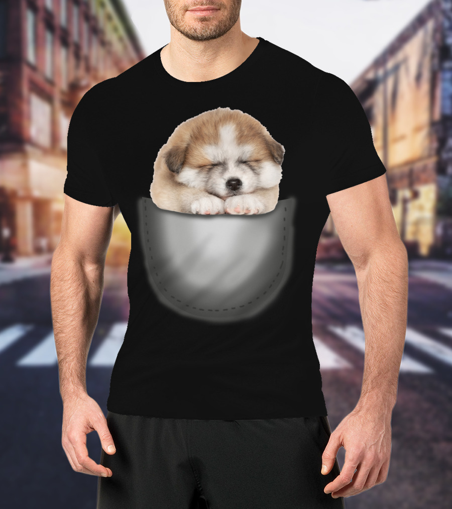 Sleeping Akita Puppy In Pocket T-Shirt