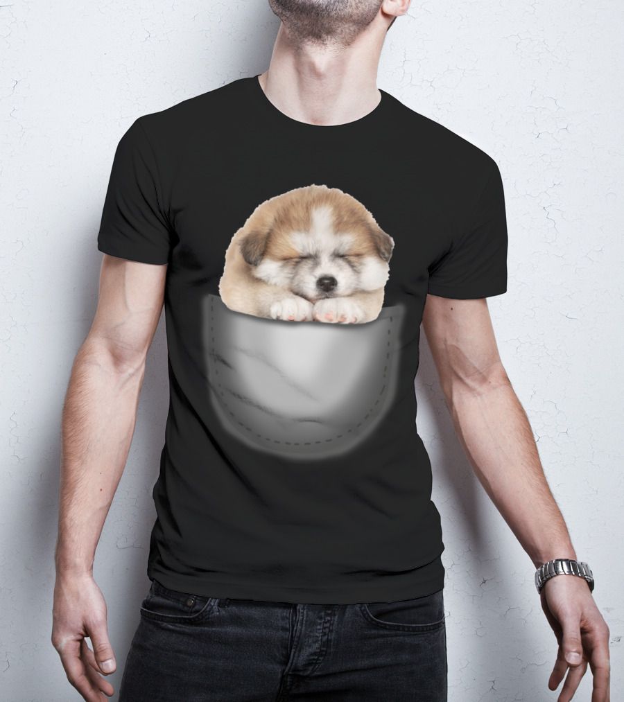 Sleeping Akita Puppy In Pocket T-Shirt