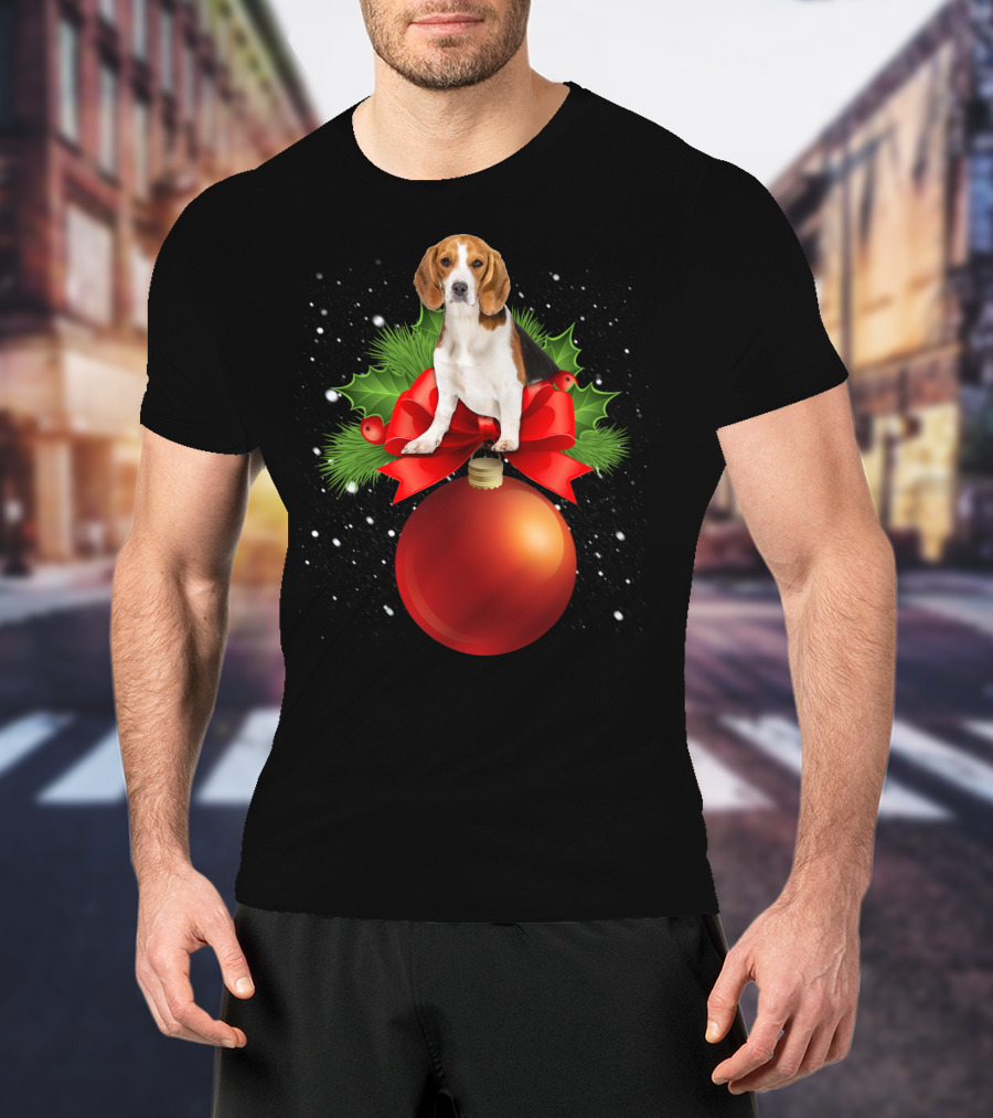 Beagle Red Christmas Ornament With Holly And Snowflakes T-Shirt