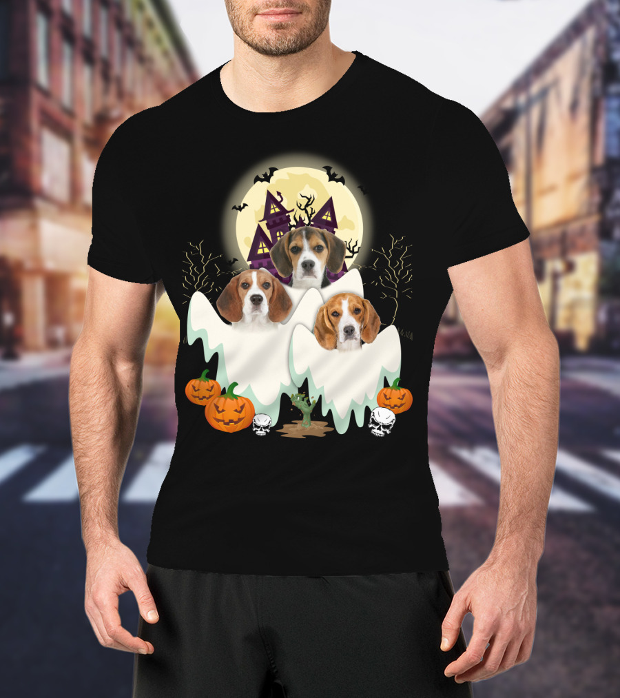 Beagle Halloween Ghosts Haunted House Pumpkins Bats Moon T-Shirt