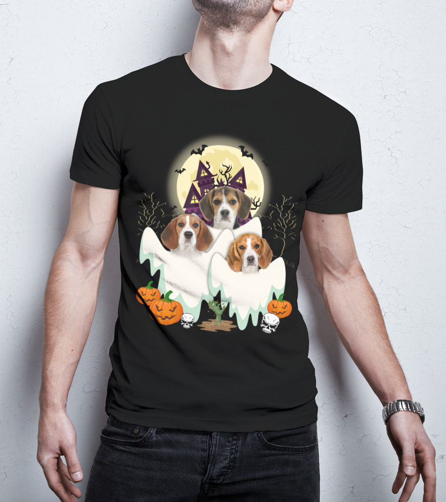 Beagle Halloween Ghosts Haunted House Pumpkins Bats Moon T-Shirt