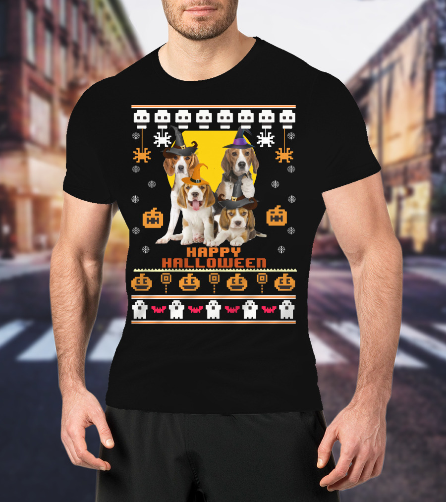 Beagle Happy Halloween Witch Hats And Pixelated Ghosts T-Shirt