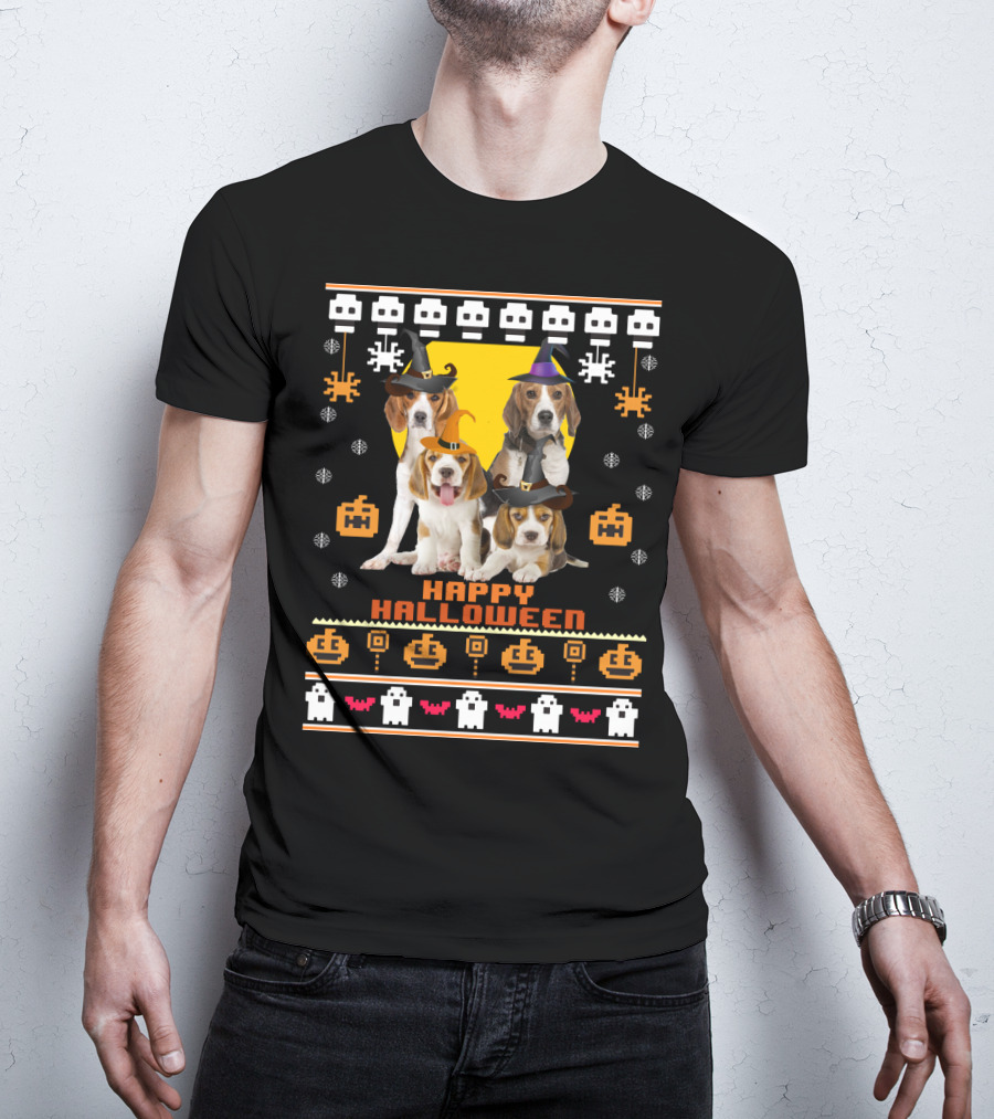 Beagle Happy Halloween Witch Hats And Pixelated Ghosts T-Shirt