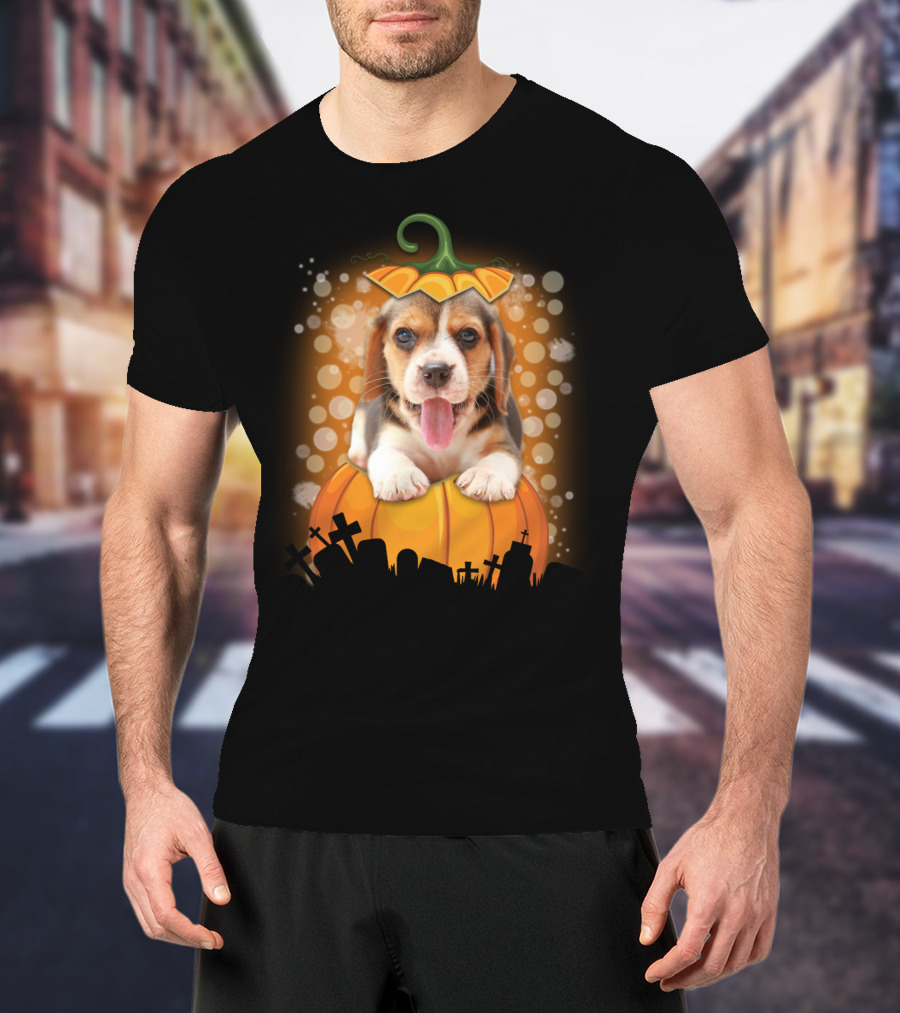 Beagle Puppy On Halloween Pumpkin Graveyard Scene T-Shirt
