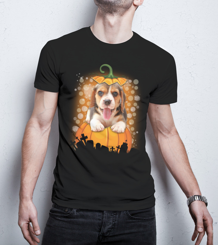 Beagle Puppy On Halloween Pumpkin Graveyard Scene T-Shirt