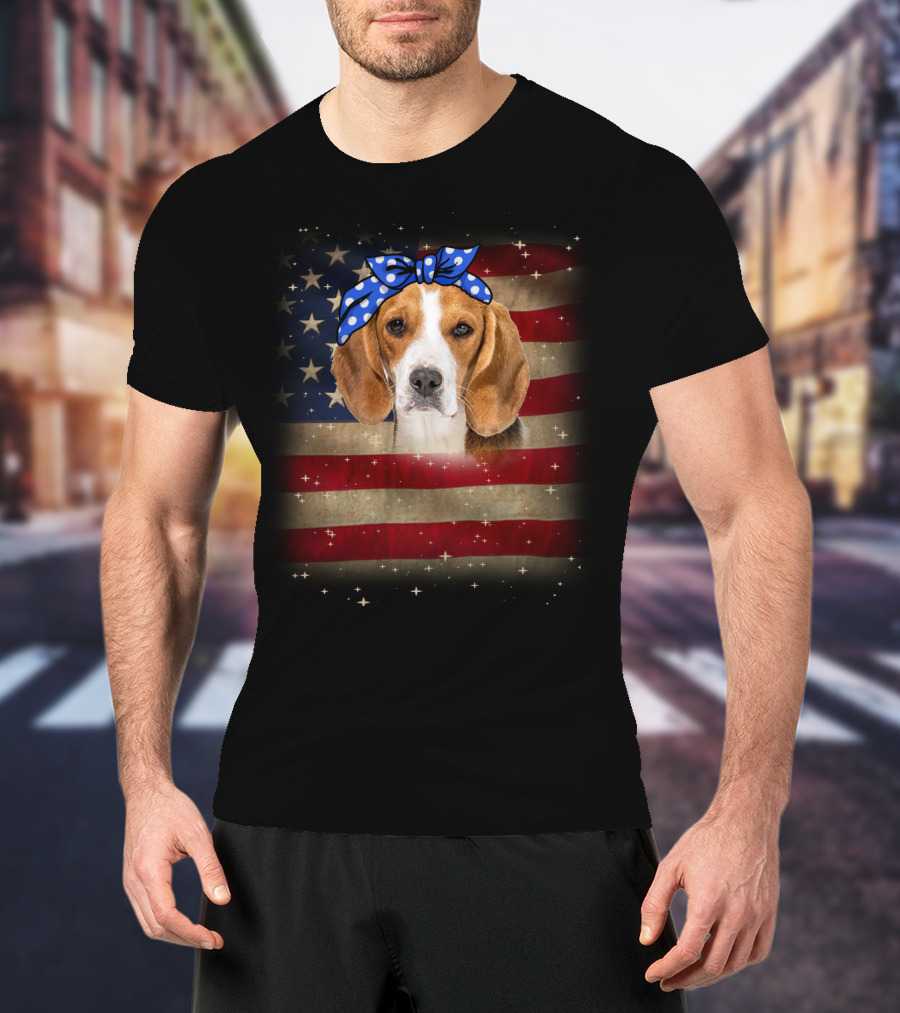 Beagle With Blue Polka Dot Bow On American Flag Background T-Shirt