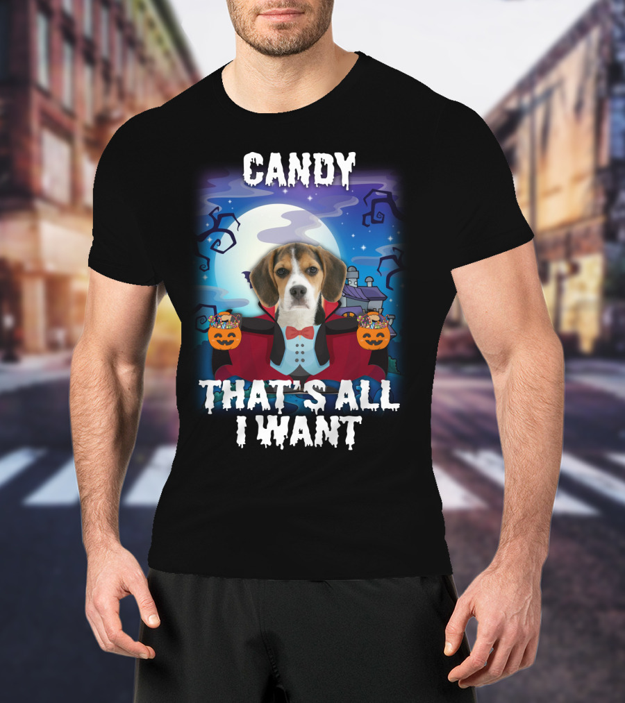 Candy Beagle Halloween Moonlit Mansion With Pumpkins T-Shirt