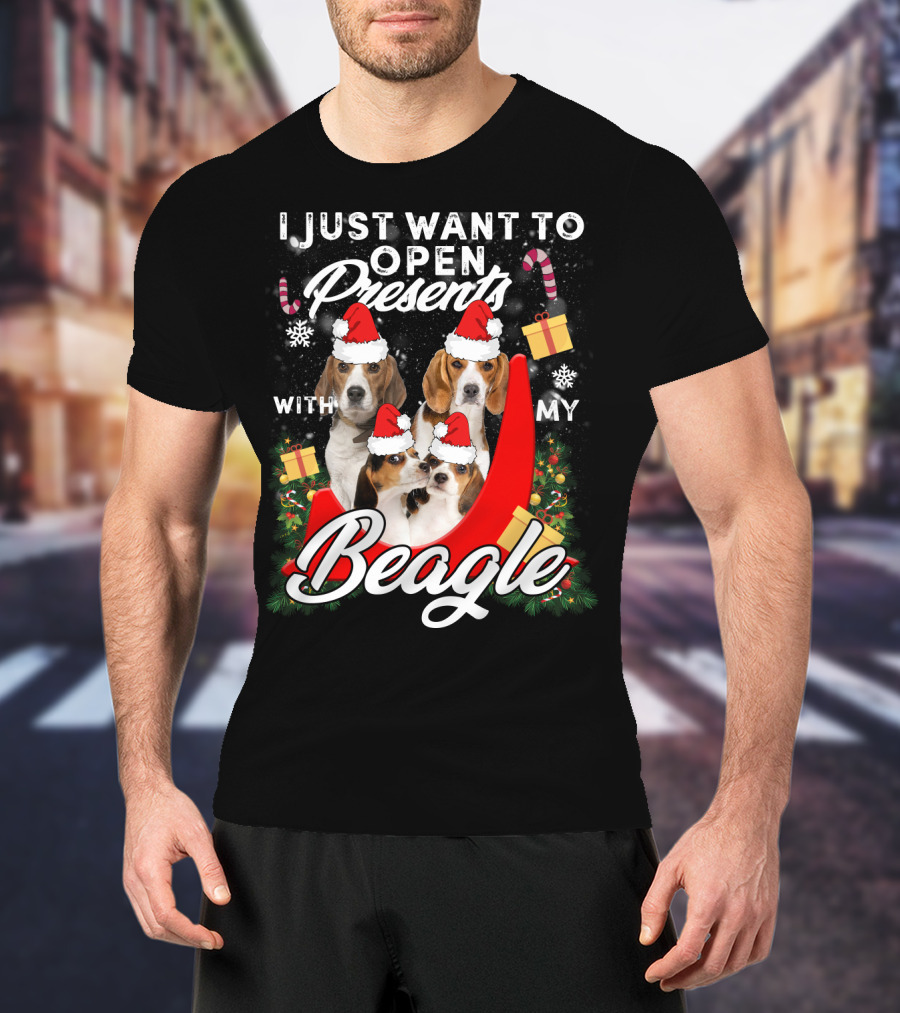 I Just Want To Open Presents With My Beagle Christmas Santa Hats Candy Canes Snowflakes T-Shirt