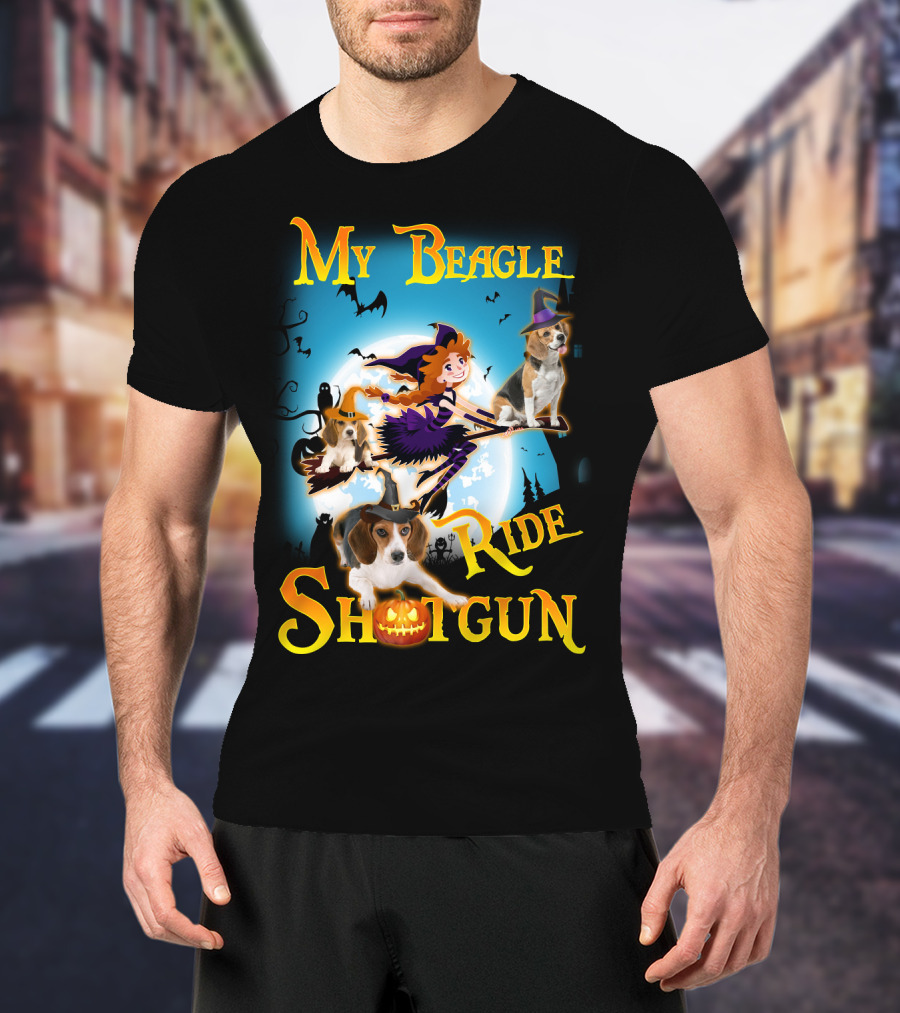 My Beagle Ride Shotgun Witch Halloween Beagle Bats Moon Jack O Lantern T-Shirt