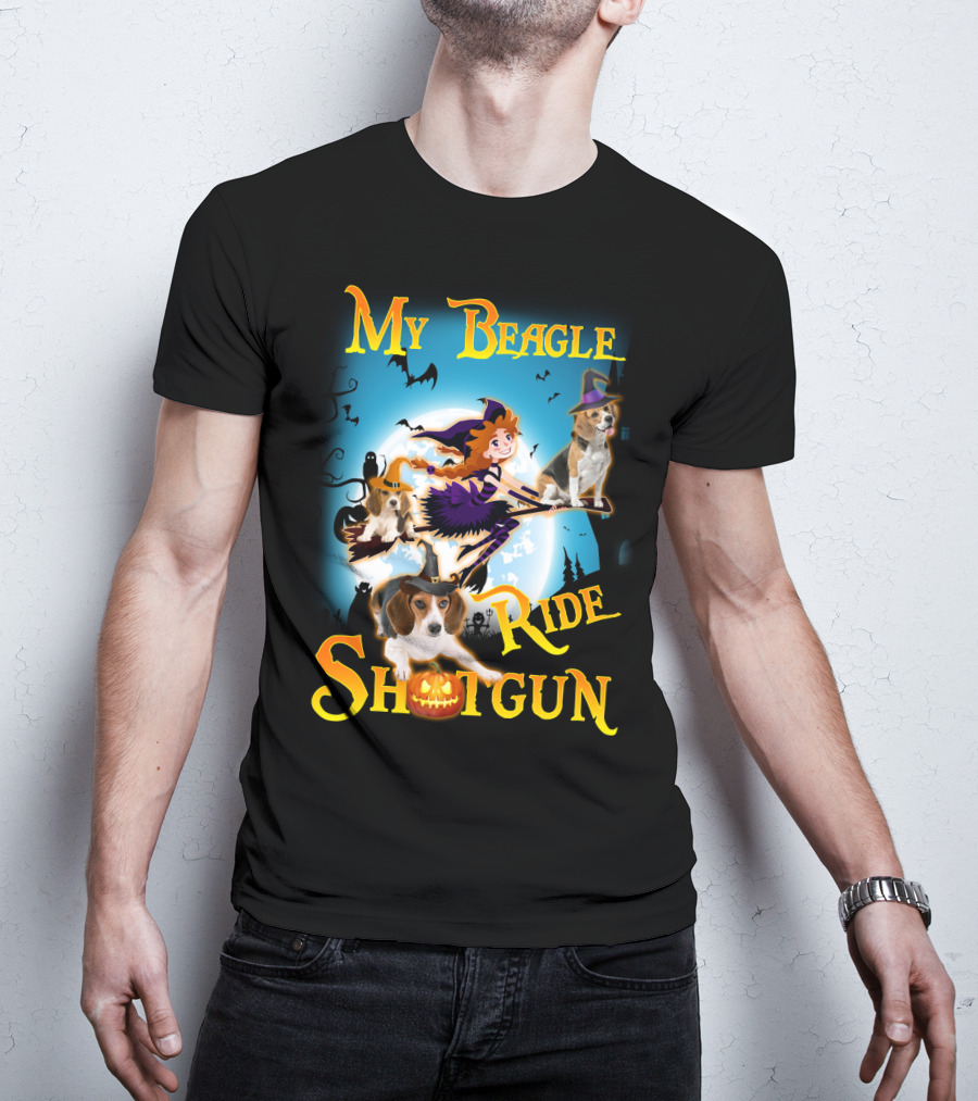 My Beagle Ride Shotgun Witch Halloween Beagle Bats Moon Jack O Lantern T-Shirt