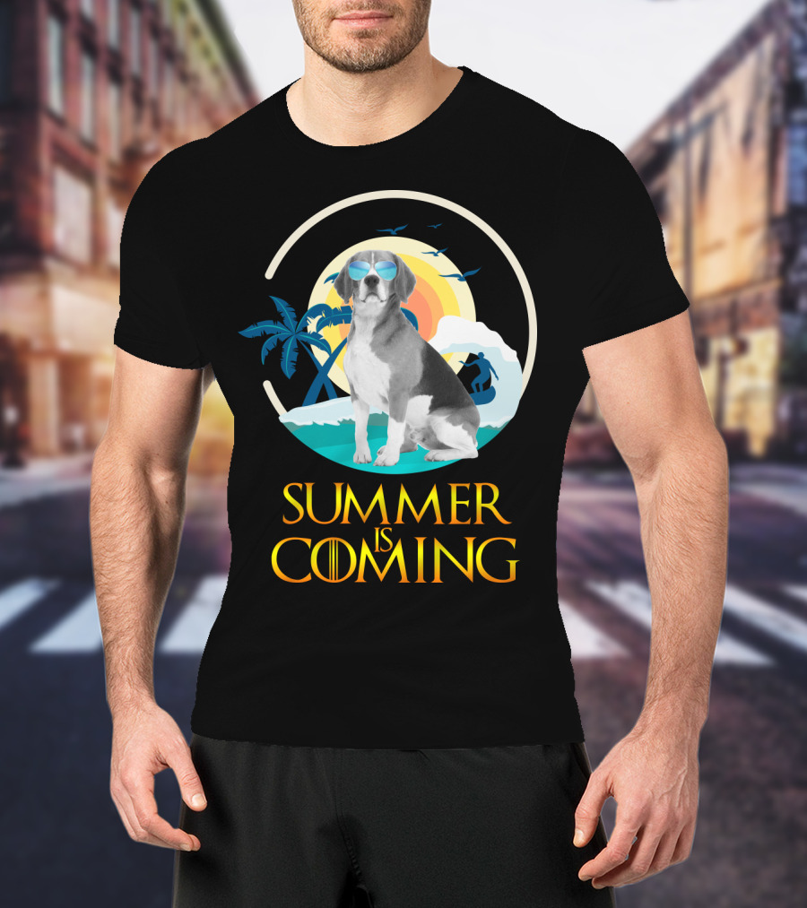 Summer Is Coming Beagle Sunglasses Beach Scene T-Shirt