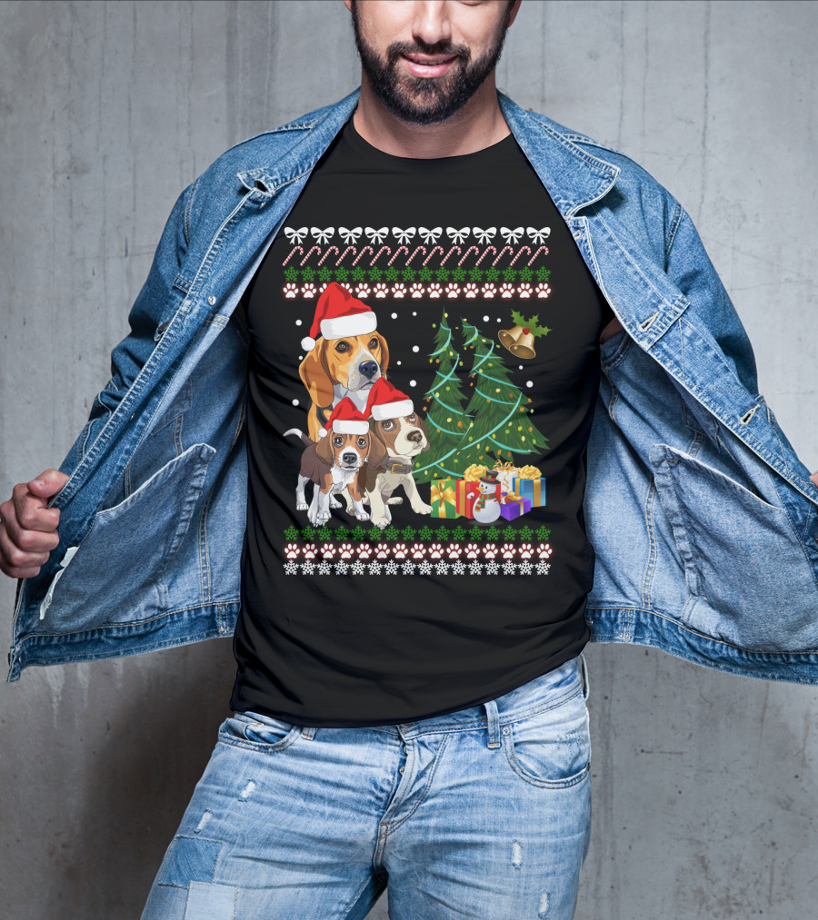 Santa Hat Beagles Christmas Tree And Gifts T-Shirt