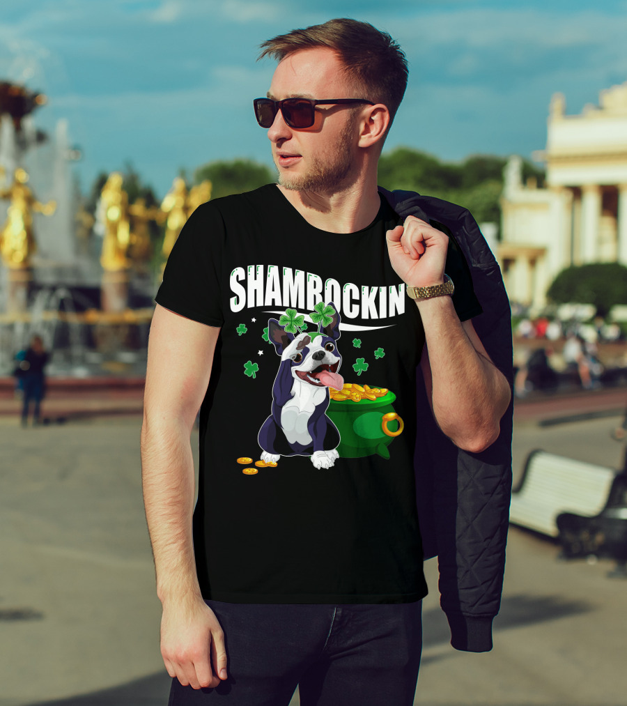 Shamrockin' Boston Terrier With Pot Of Gold And Clovers T-Shirt