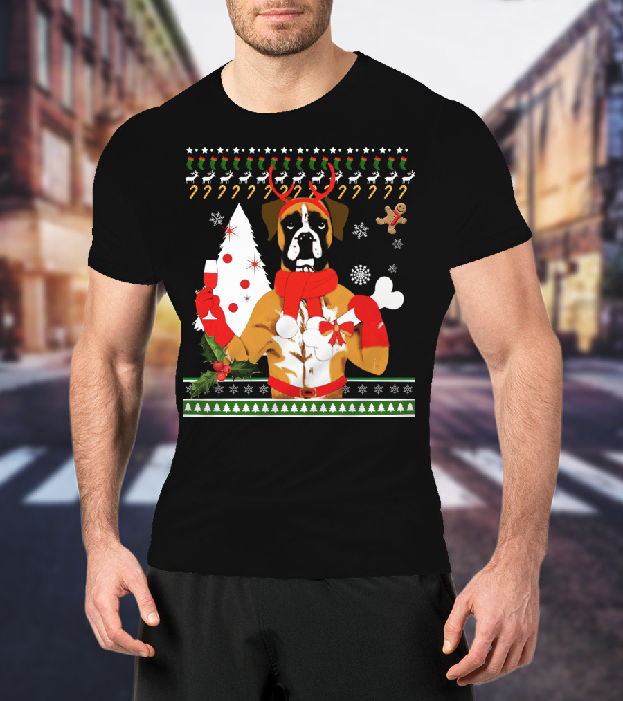 Boxer Dog Christmas Ugly Sweater Style With Reindeer Antlers And Festive Decorations T-Shirt