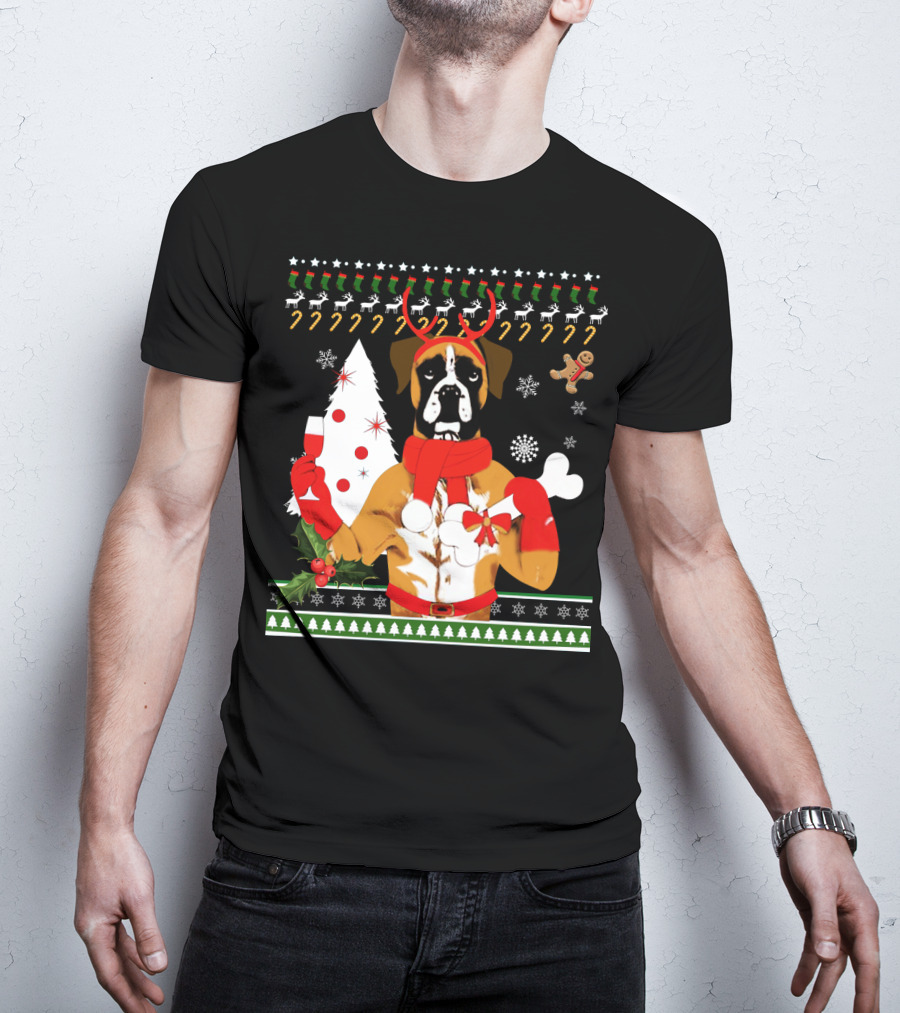 Boxer Dog Christmas Ugly Sweater Style With Reindeer Antlers And Festive Decorations T-Shirt