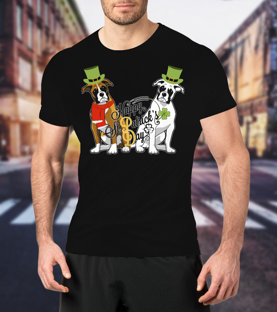 Happy St Patrick's Day Boxer Dogs With Shamrocks And Hats T-Shirt