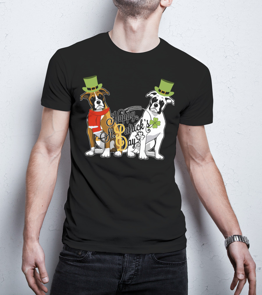 Happy St Patrick's Day Boxer Dogs With Shamrocks And Hats T-Shirt