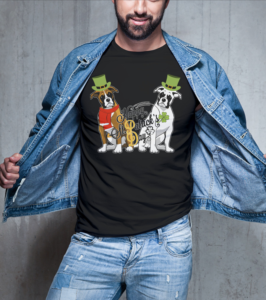 Happy St Patrick's Day Boxer Dogs With Shamrocks And Hats T-Shirt