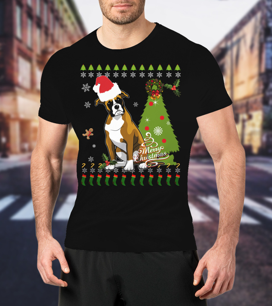 Merry Christmas Boxer Santa Hat Gingerbread Man Christmas Tree Snowflakes T-Shirt