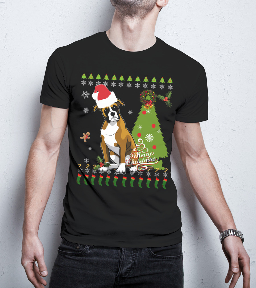 Merry Christmas Boxer Santa Hat Gingerbread Man Christmas Tree Snowflakes T-Shirt