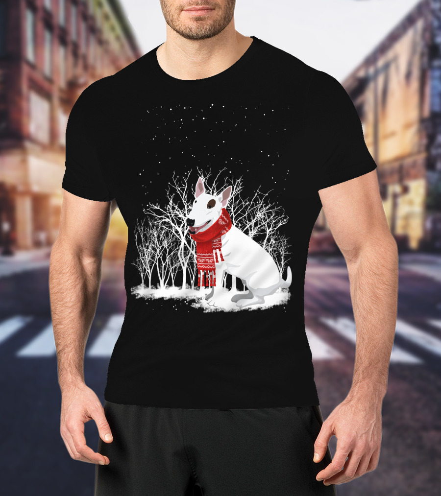 Winter Bullterrier Red Scarf Snowy Forest T-Shirt