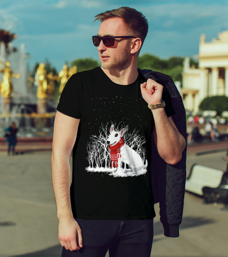 Winter Bullterrier Red Scarf Snowy Forest T-Shirt