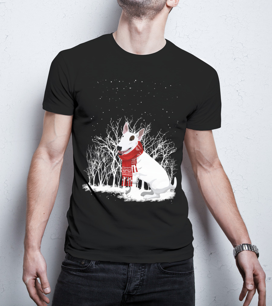 Winter Bullterrier Red Scarf Snowy Forest T-Shirt