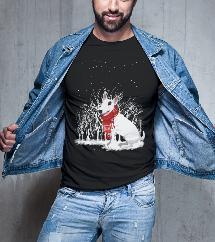 Winter Bullterrier Red Scarf Snowy Forest T-Shirt